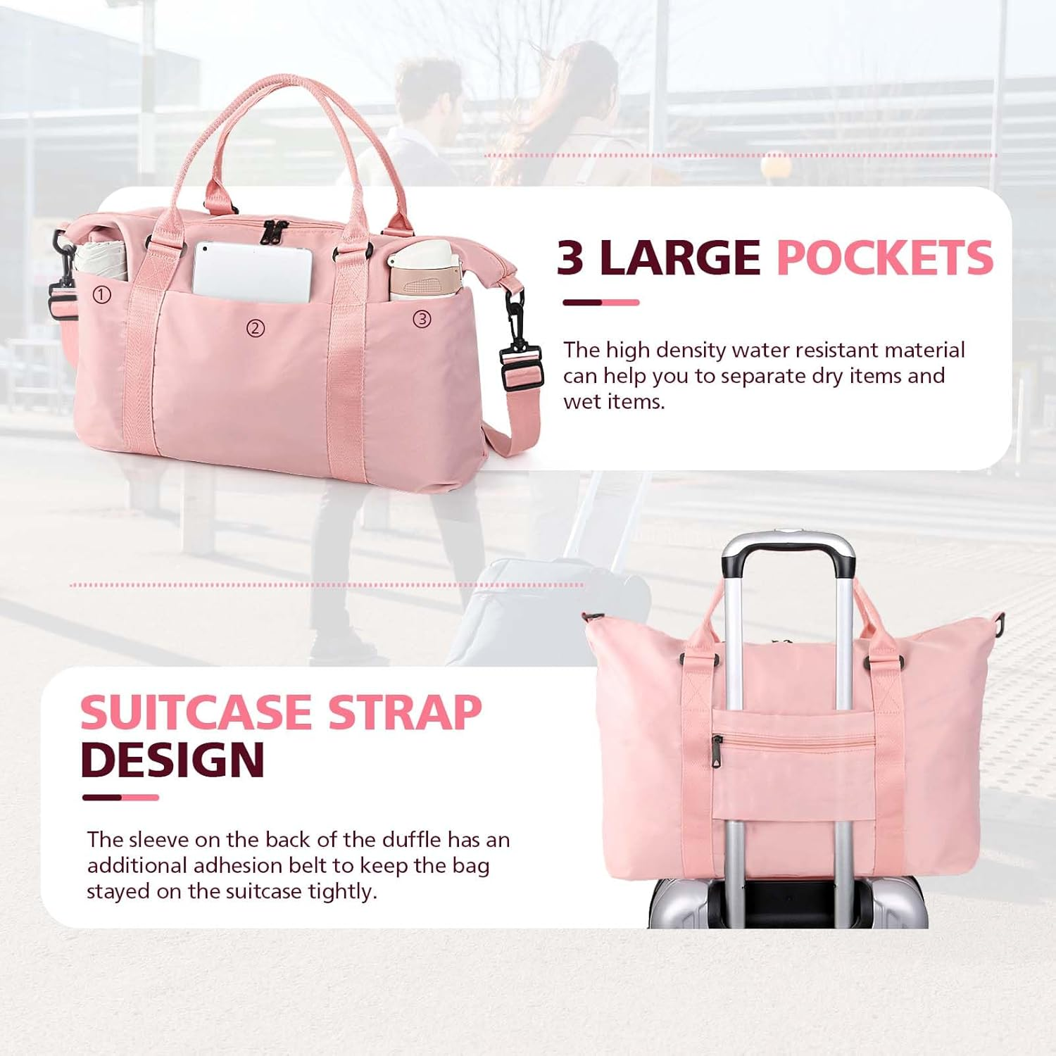 Travel Duffle Bag, Waterproof Weekender Bag Carry on Tote Bags for Women, Duffel Bag Sport Gym Bag for Men, Hospital Bag for Labor and Delivery, Overnight Bag Luggage Bag with Trolley Sleeve, 01 Coral image number 3