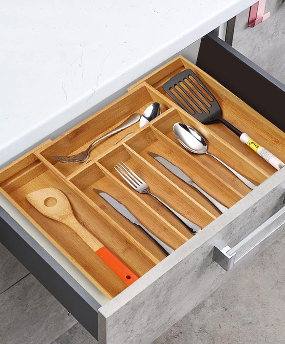 Utoplike Bamboo Expandable Cutlery Organizer Tray, Kitchen Drawer Organiser, for Silverware, Flatware, Utensils, Cutlery, Accessories or Gadgets (Natural) image number 2