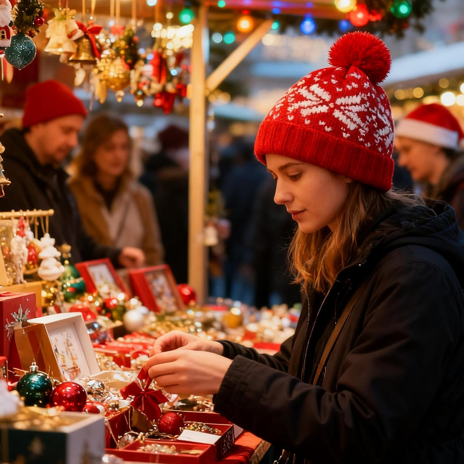 IZUS Christmas Snowflake Beanie-With-Pom-Poms for Women and Men - Red image number 5