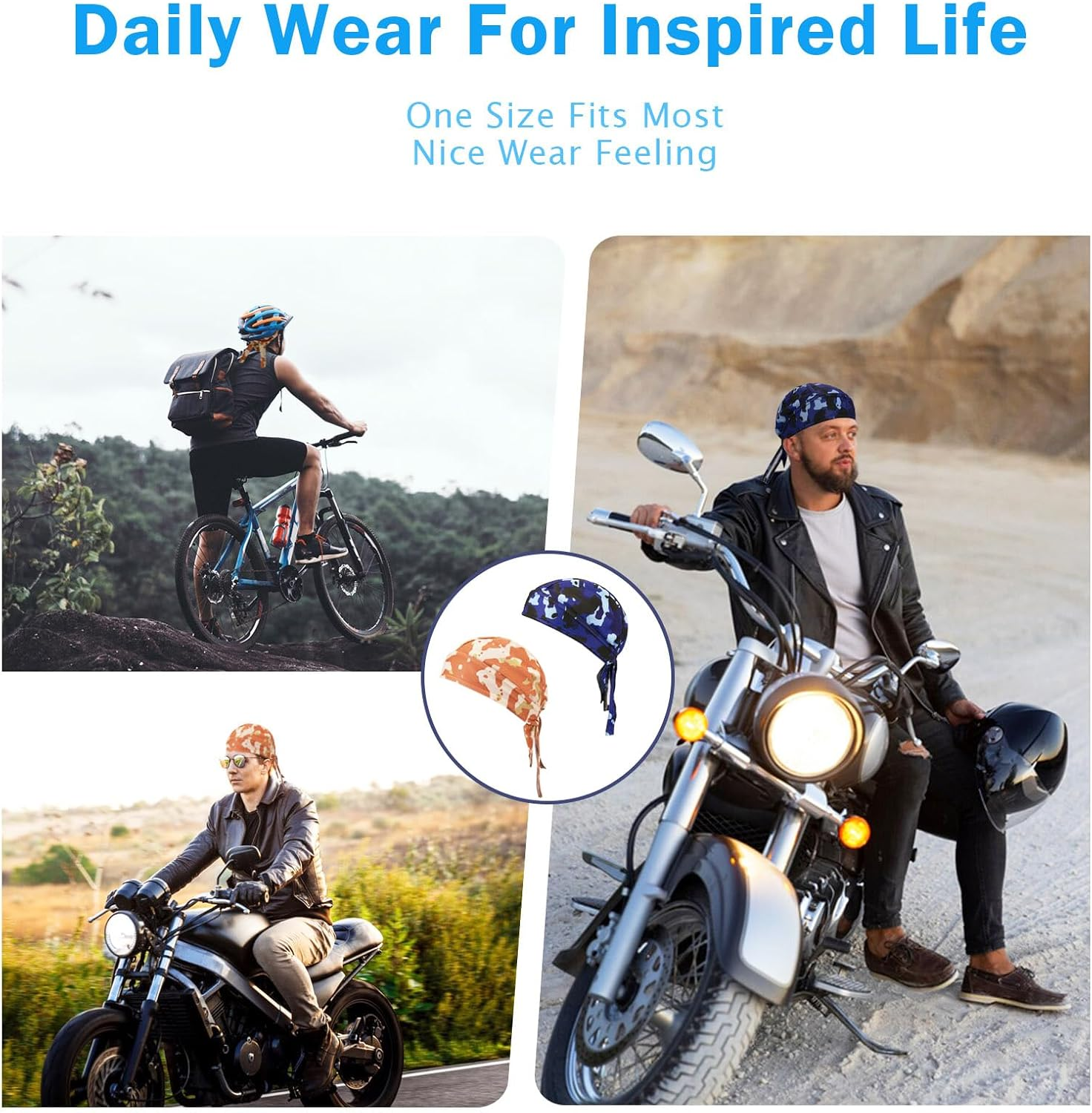 Kninmdor Do Rags Cycling Caps Helmet Liner Doo Rag Motorcycle Bandana Hat Sweat Liner Skull Caps Dew Rags for Men and Women - Black Sets image number 5