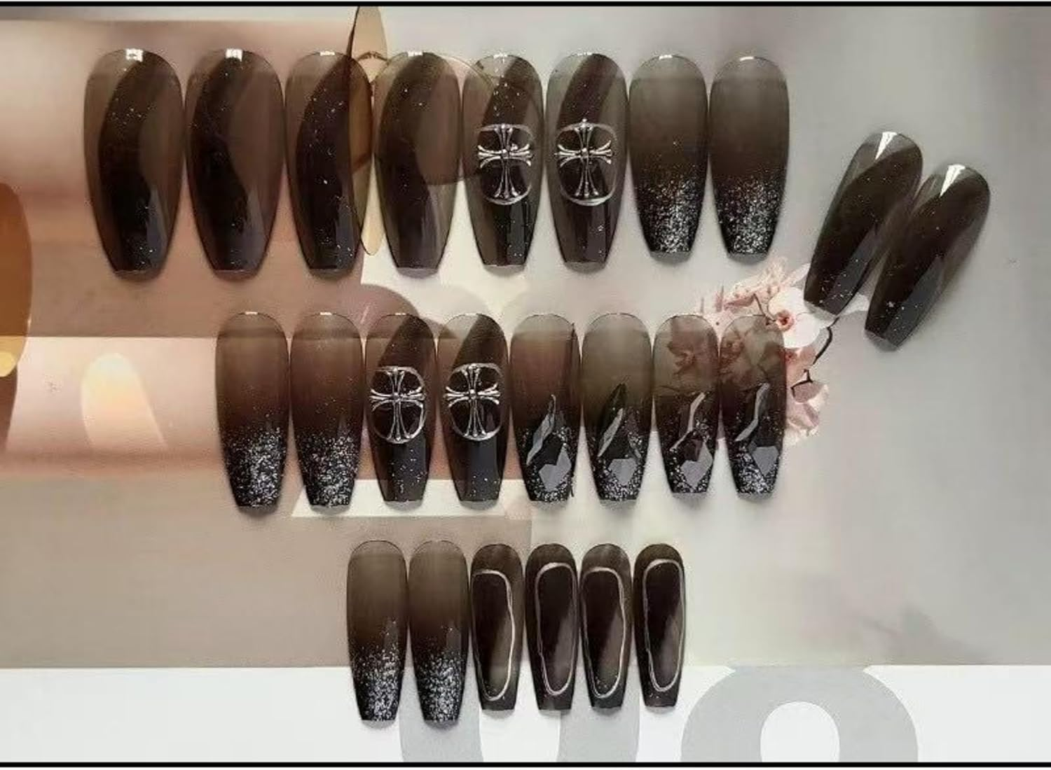 KAVI' S 24Pcs Black French Tip Stick on Nails Coffin Medium Long Press on Nails Nude Gradient Glitter Fake Nails Ballerina Acrylic False Nails Jerry Glue for Women Girls Nail Art (Croixin) image number 1