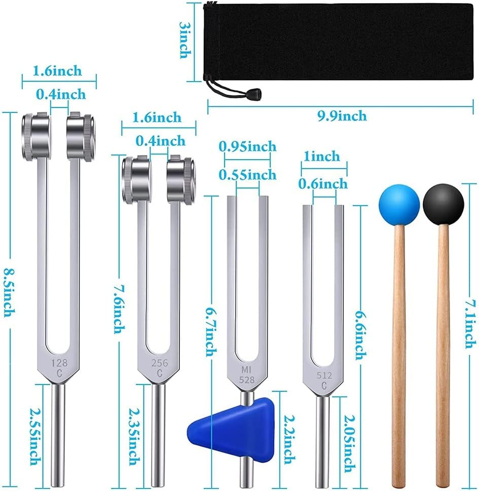 4 Pack Tuning Fork Set(128 Hz,256 Hz,512 Hz,528 Hz) with Tuning Fork Hammer for Sound Healing Sound Vibration Tools image number 1