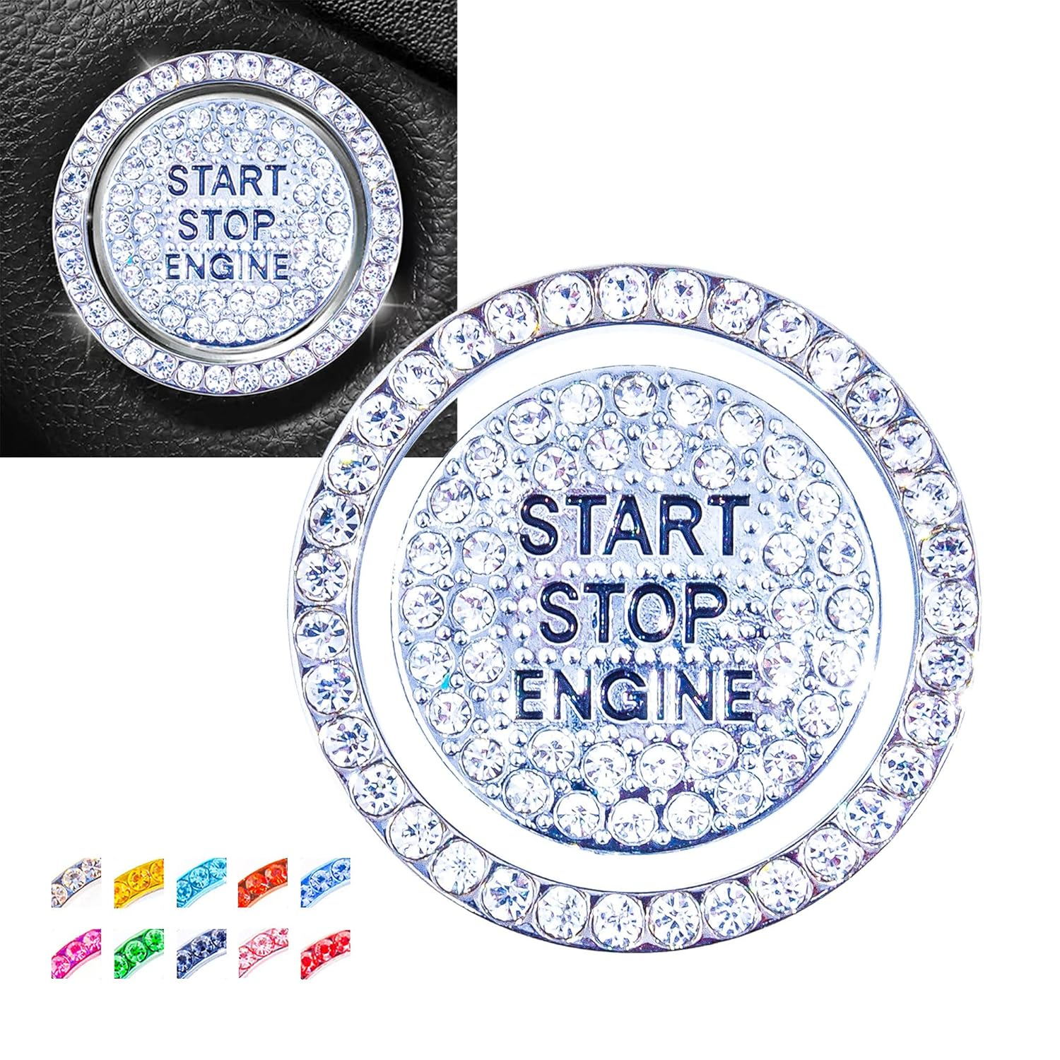 Engine Start Stop Button Bling Ring Cover,Key Ignition Starter & Knob Ring Crystal Rhinestone Cover, Push Start Button Cover Diamond Decor, Car Emblem Badge Sticker Women (Ring+Cover, Silver) image number 6