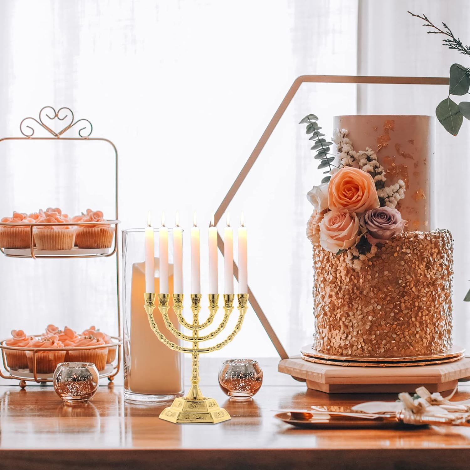 FOMIYES Seven Candle Menorah 7 Branch Chanukah Candle Minorah Jewish Candle Holder Metal Religious Menorah One Week Candlestick Stand Standard Hanukah Candle for Home Decorations