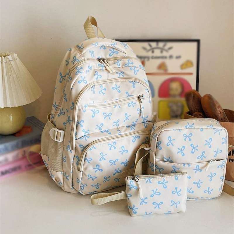 3PCS Bow School Bags for Girls, Cute Bows Backpack Set for School, Girls School Bag and Lunch Box Set, Kawaii Rucksack for Teenage Secondary Primary Middle School - A2 Bow Blue image number 4