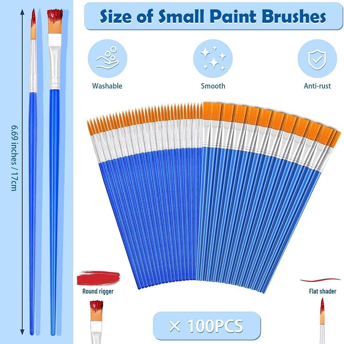 100Pcs Small Paint Brushes Bulk, Professional Acrylic Paint Brush Set with Flat and round Pointed Craft Paint Brushes for Kids Students Classroom Watercolor Canvas Face Painting image number 3