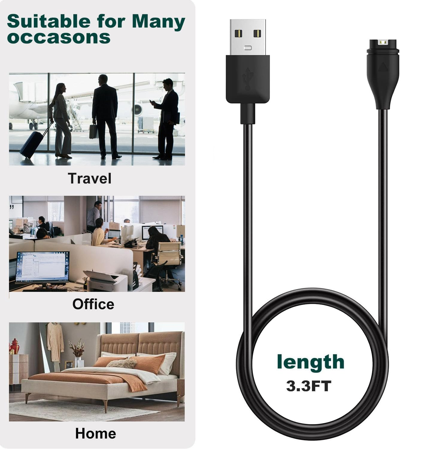 Charging Cable Intended for Garmin Forerunner 55 Smartwatch 2 Pack Replacement USB Charging Charger Cord Intended for Forerunner 55 Smart Watch, Black (Black) image number 4