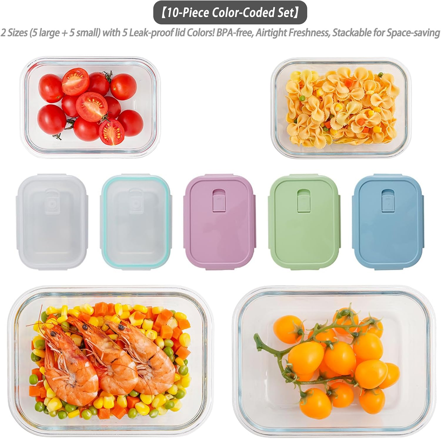 Merrynine Glass Food Storage Containers - 10 Pack, 1040Ml & 370Ml Meal Prep Container with Airtight Leakproof Lids, Reusable Safe for Microwave, Freezer, Dishwasher Kitchen Storage & Organisation image number 5