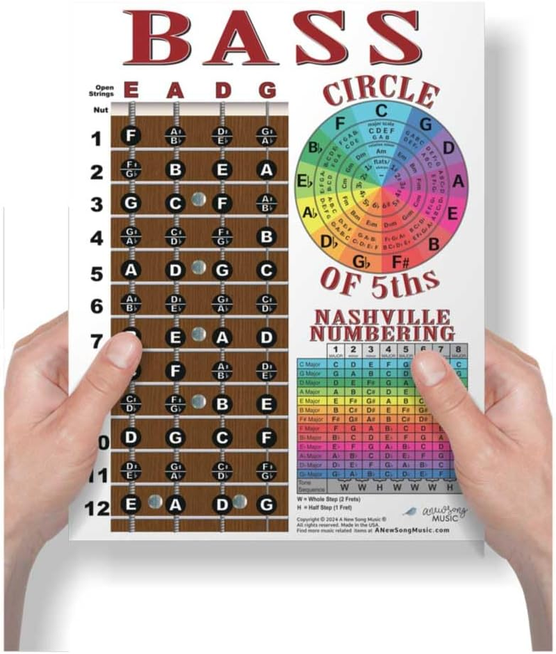 A New Song Music Laminated 4 String Bass Fretboard Notes Chart Nashville Number System & Circle of 5Ths Easy Instructional Poster for Beginner for Notebook 2024-8.5" X 11"