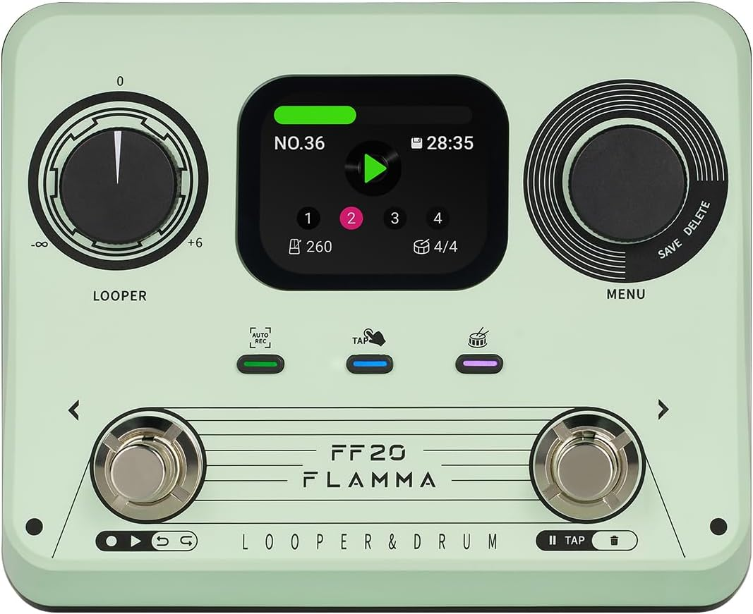 FLAMMA FF20 Looper Pedal Drum Machine, Drum Looper Guitar Pedal with Screen, 300 Min Recording, 220 Drum Grooves, 100 Loop Slots, Time Stretch, Auto Record, USB & Headphone Out, for Guitar and Bass image number 5