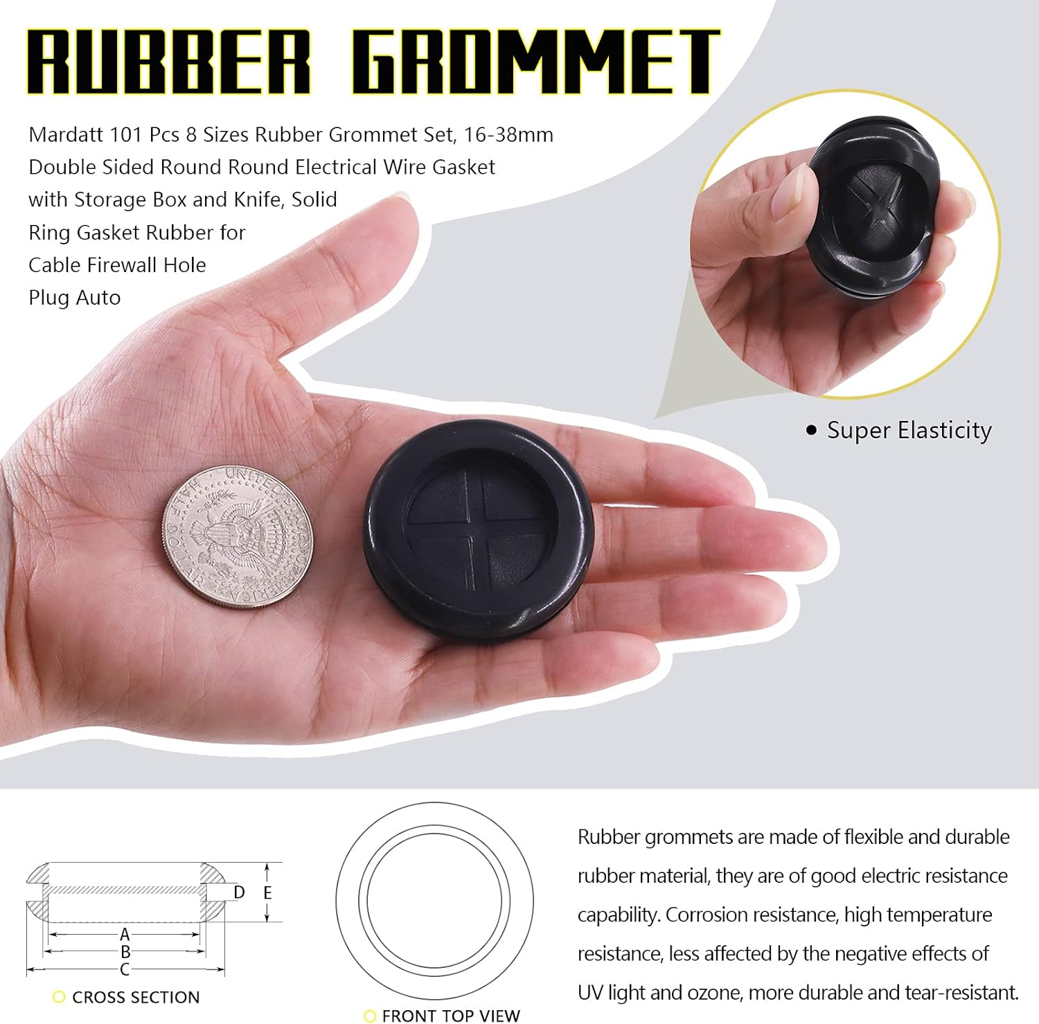 Mardatt 101 Pcs 8 Sizes Rubber Grommet Set, 16-38Mm Double Sided round round Electrical Wire Gasket with Storage Box and Knife, Solid Ring Gasket Rubber for Cable Firewall Hole Plug Auto image number 3