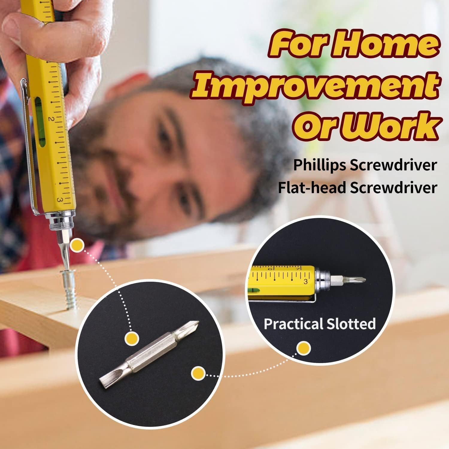 Gifts for Men, 6 in 1 Multitool Pen, Cool Gadgets Tools for Men, Birthday Gifts for Men Who Have Everything, Unique Gifts for Men, Husband, Grandpa, Engineer, Handyman (Yellow) image number 5
