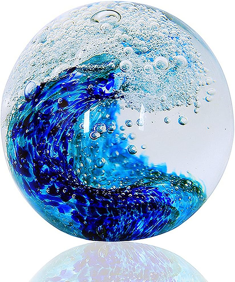 EUSTUMA Hand Blown Glass Figurines Ball Ocean Waves,Paperweight Glass Ball,Home Decor Collectible,Aquarium Decor,Office Decor Ocean Lovers
