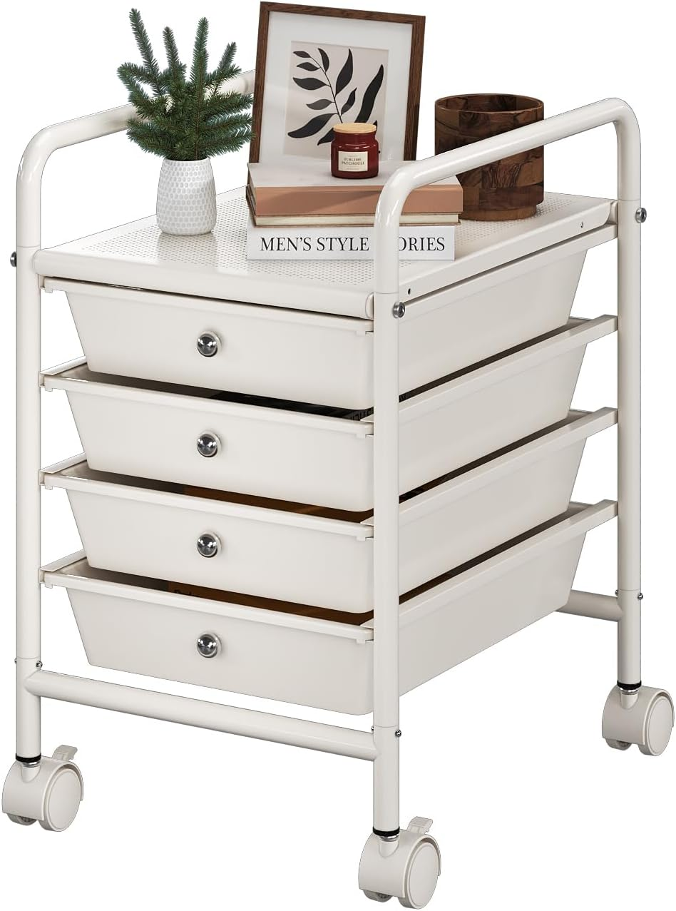 Shrivee 4-Tier Rolling Drawer Trolley with 2 Lockable Wheels, Sturdy Utility Storage Cart for Kitchen Bathroom Office, Ivory White image number 2