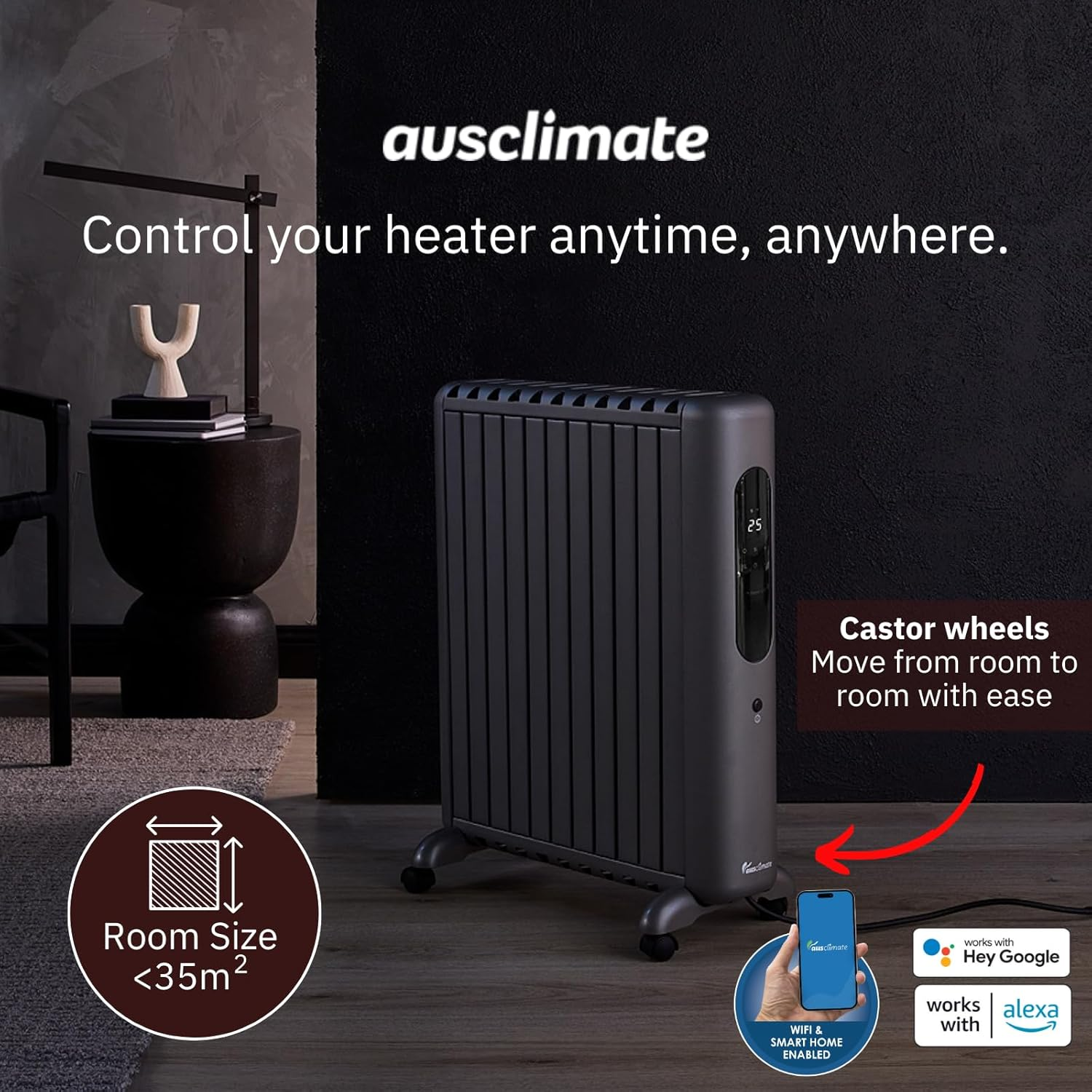 Ausclimate 2400W 11 Fin Smart Enclosed Oil Column Heater, Portable Home Heater with 24-Hour Timer, Suitable for Medium-Sized Rooms up to 35M2, Compatible with Alexa and Google Home, Grey image number 3