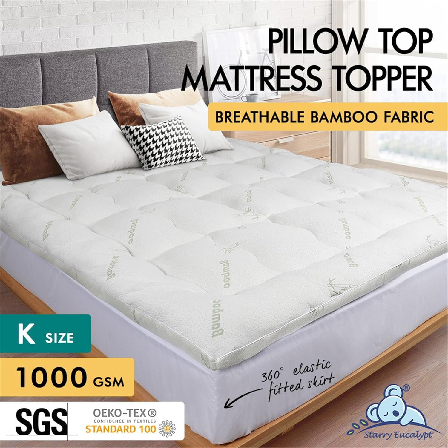STARRY EUCALYPT Pillowtop Mattress Topper 7.5Cm Thick with Fabric Cover King Size, 1000GSM Microfibre Bamboo Fibre Filling Pillow Top Mattress Topper, Beddings Bed Mat Pad, White & Bamboo Pattern image number 6