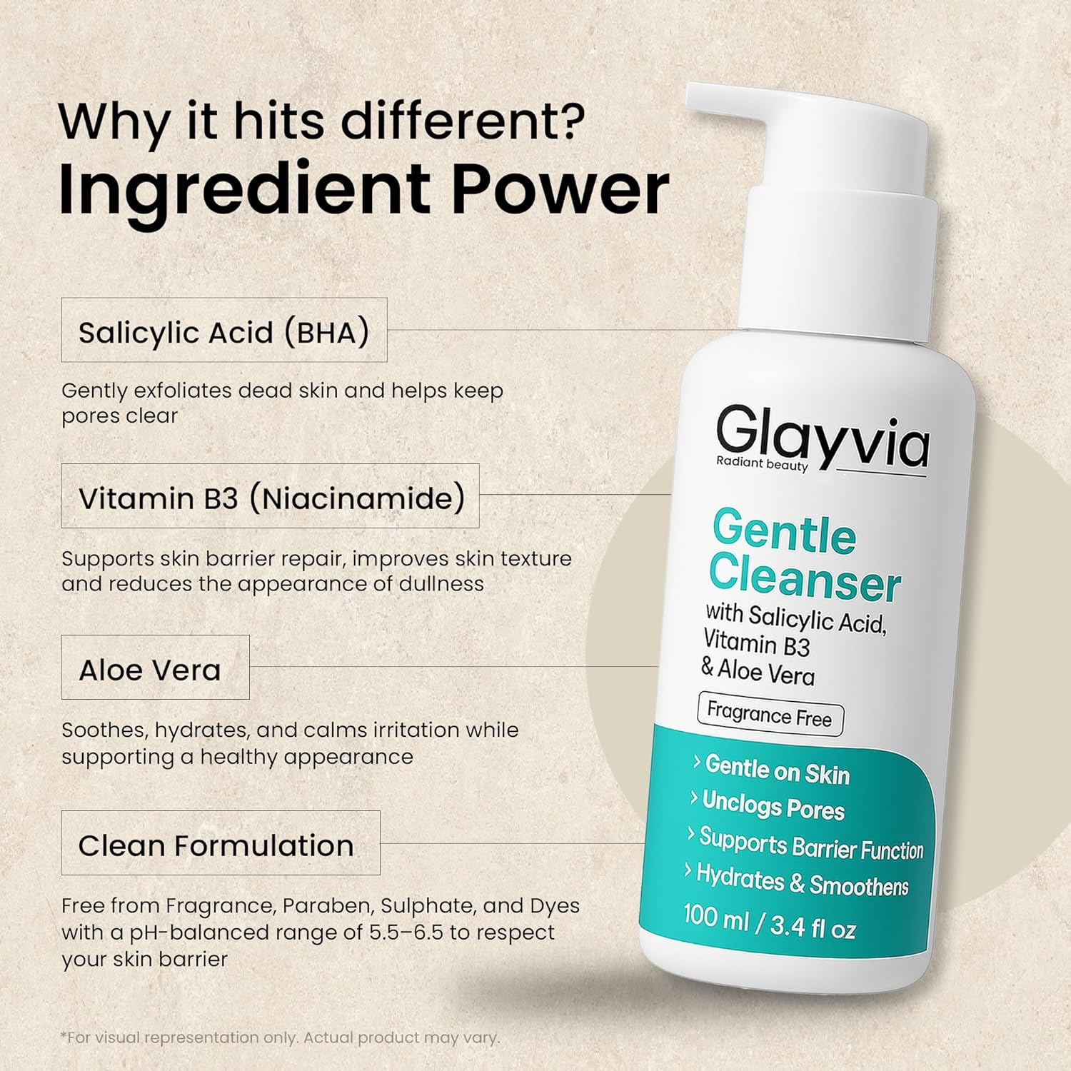 Glayvia Gentle Cleanser &ndash; Salicylic Acid (BHA) + Niacinamide + Aloe &ndash; Fragrance-Free, Ph-Balanced Daily Face Cleanser image number 1