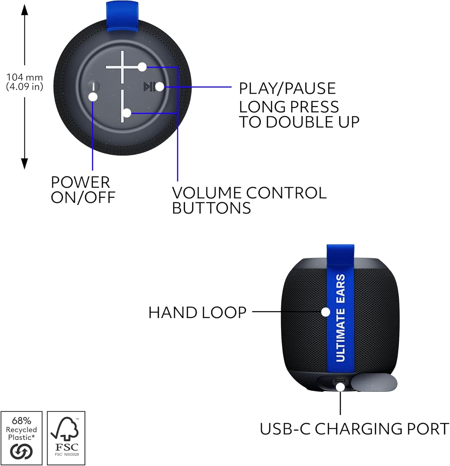 Ultimate Ears WONDERBOOM Play Portable Waterproof Bluetooth Speaker, Dustproof Floating Speaker with 131Ft (40M) Range, Black