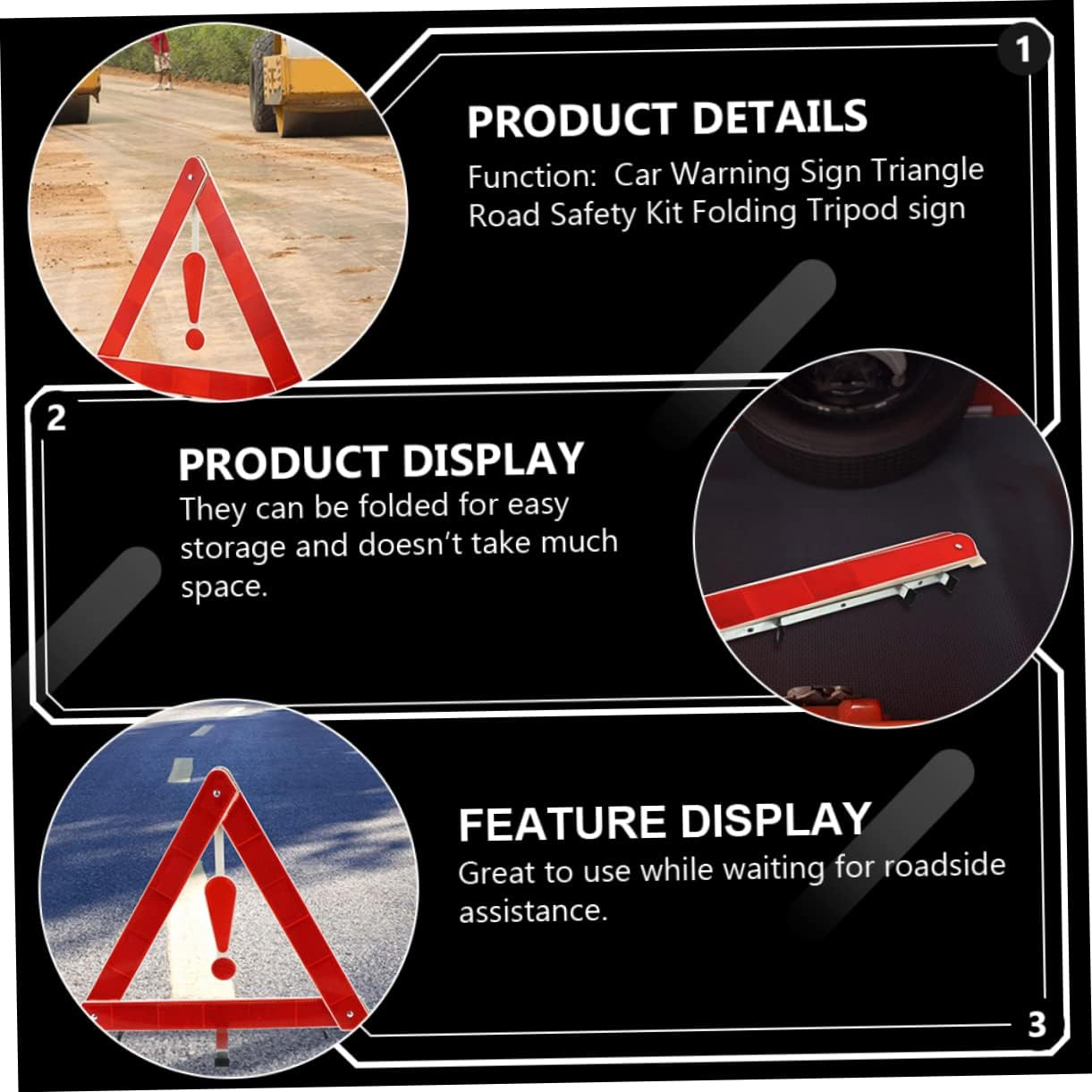 ULTECHNOVO 4Pcs Auto Warning Triangles Car Safety Tripods 39X39Cm Reflective Road Safety Kit Vehicle Emergency Warning Signs for Travel and Roadside Use image number 5