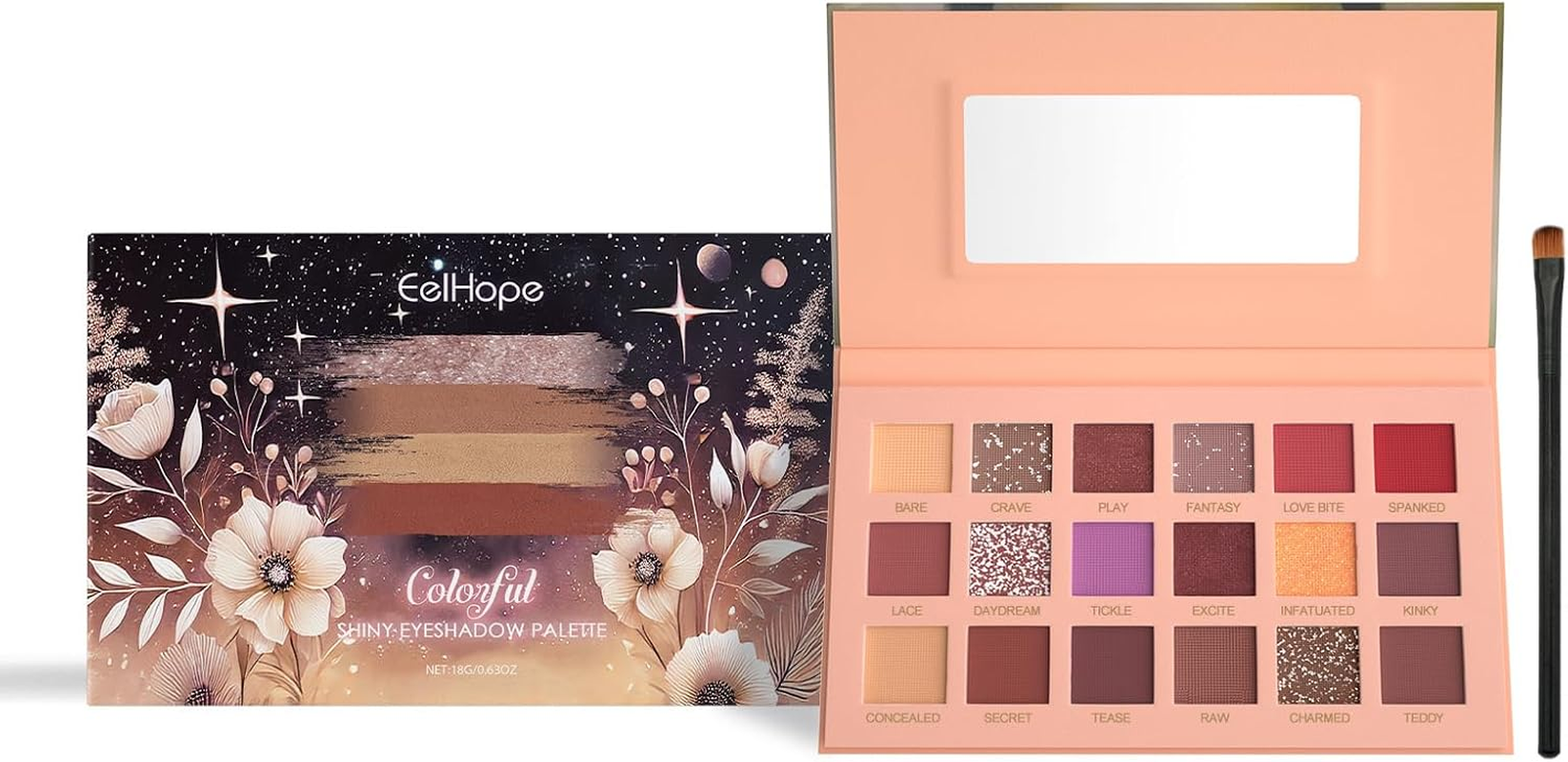Colorful Shiny Eyeshadow Palette, 18 Colours, with Makeup Brush