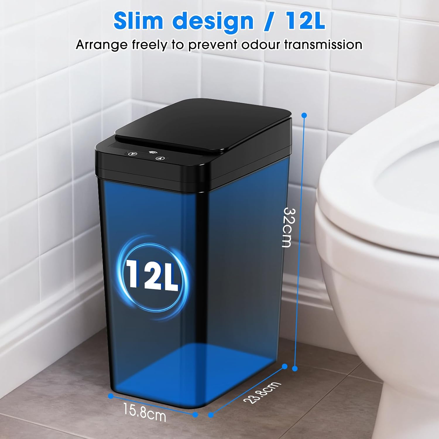 2 Pack Bathroom Trash Can,12L / 2.6Gallon Automatic Touchless Garbage Can, Smart Trash Can with Lid - Electric,Slim Motion Sensor Waterproof Trash Bins for Bedroom Kitchen, Bathroom, Office(Black) image number 3