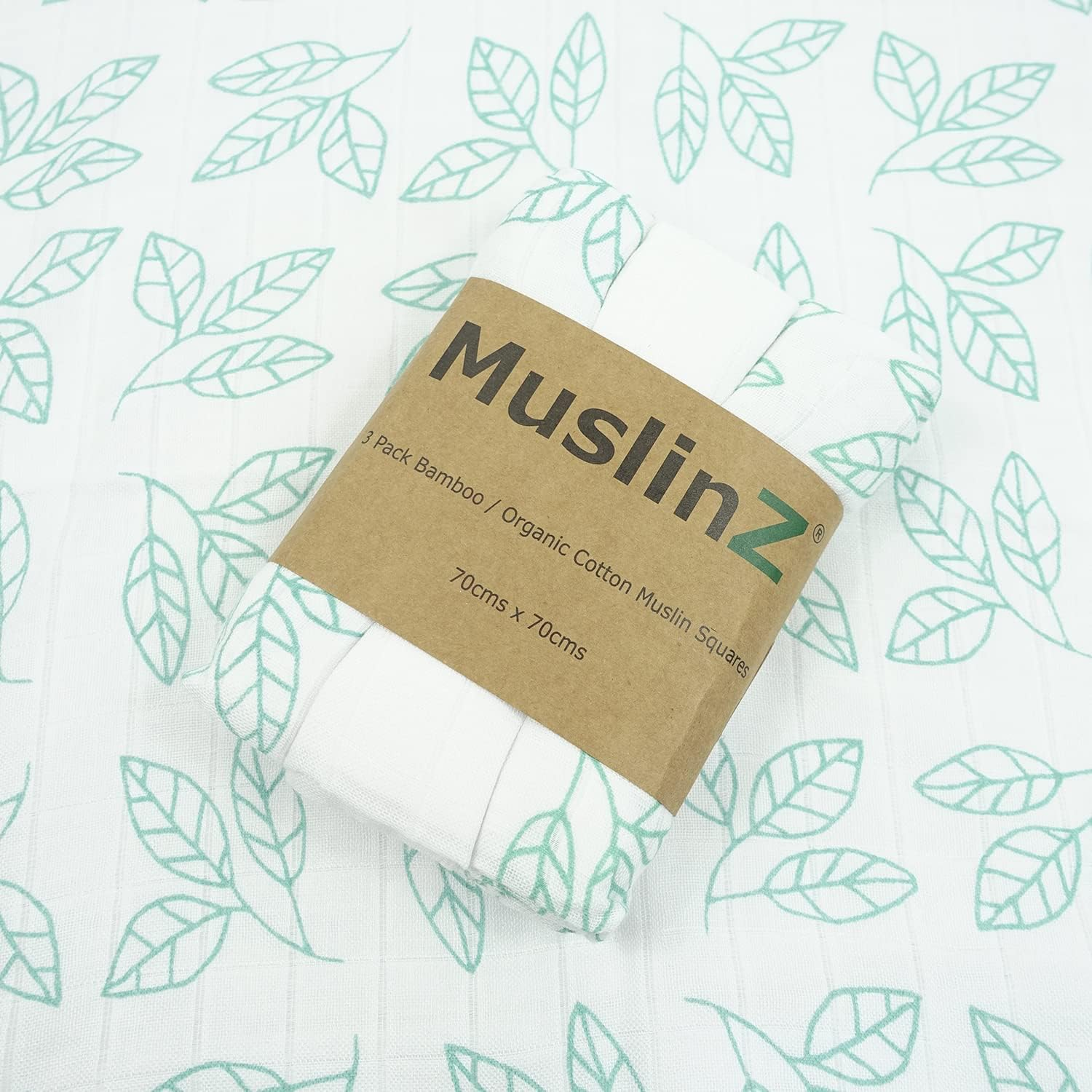 Muslinz Luxury Bamboo/Organic Cotton Muslin Squares (70 Cm, White/Aqua Blue Leaf Print, Pack of 3) MUZBC-3L70B image number 6