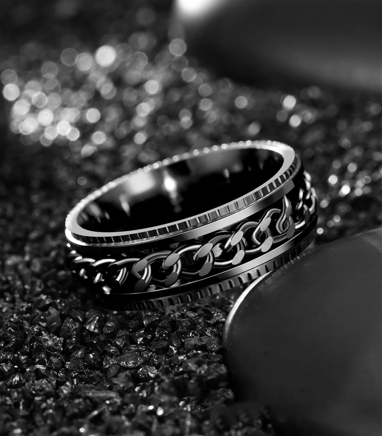 LIAN Stainless Steel Spinner Rings for Men Women Fidget Rings Chain Ring Band Rings 8Mm Black/Silver 6-13 image number 4