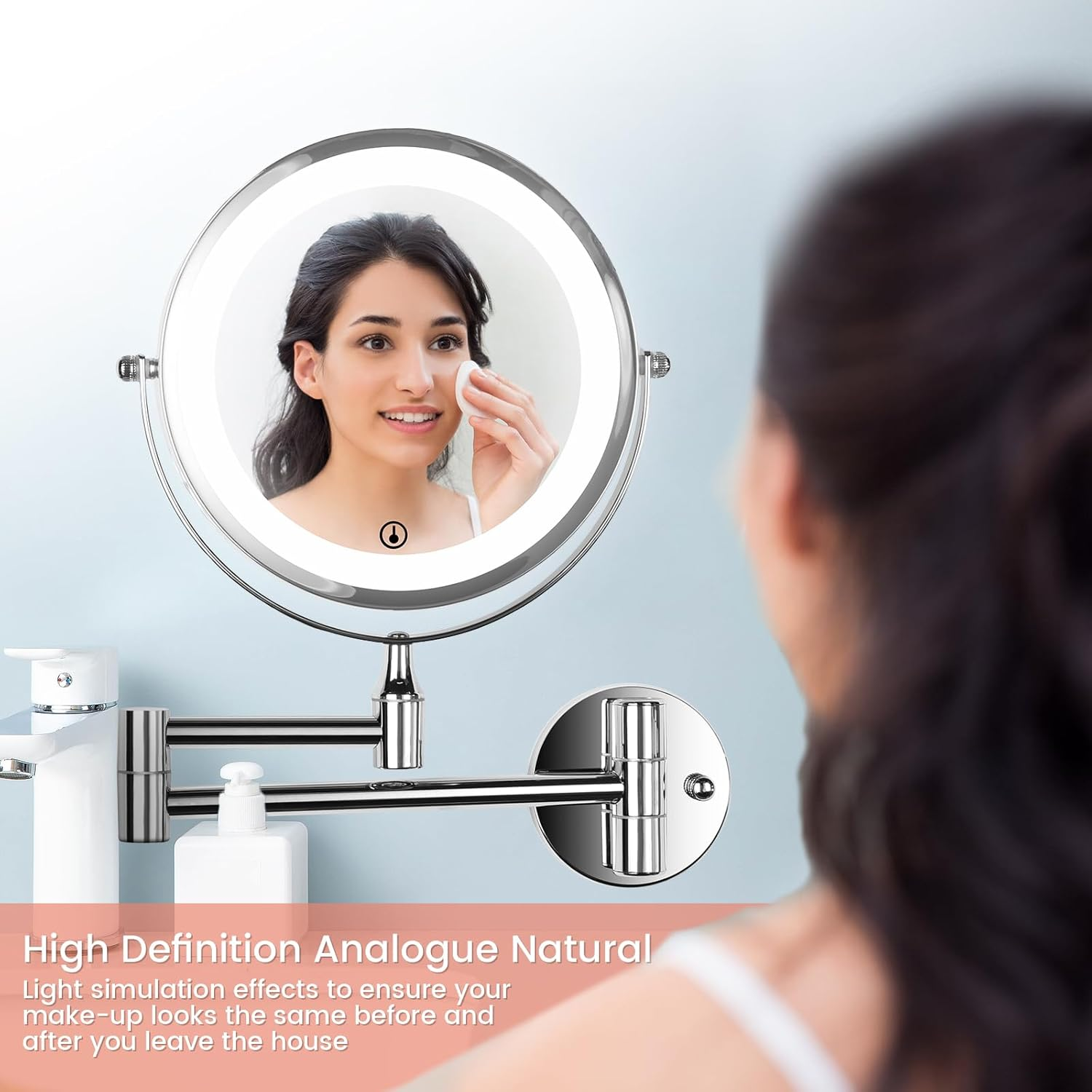 Lighted Makeup Mirror with 21 LED Lights, Wall Mounted Vanity Mirror, 360&deg; Swivel Infinitely Dimmable Double Sided 1X 3X Magnifying Mirror, Battery Powered Cosmetic Mirror for Bedroom Bathroom image number 2