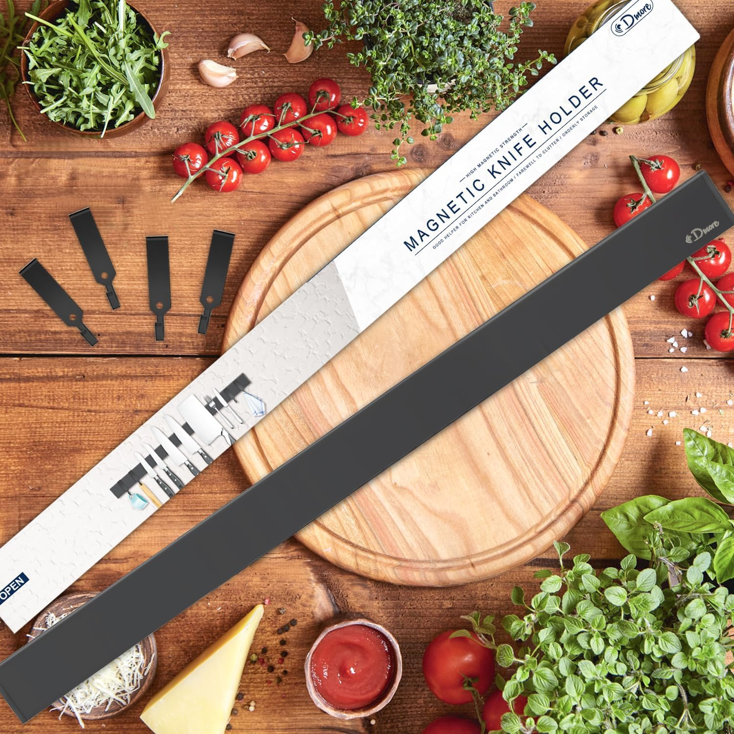 Dmore 59 Cm Magnetic Strip Knife with 4 Hooks, Black Knife Holder, Magnetic No Drilling, Powerful Magnetic Knife Holder, Includes Adhesive Tape and Screws for Knives, Utensils and Tools image number 2