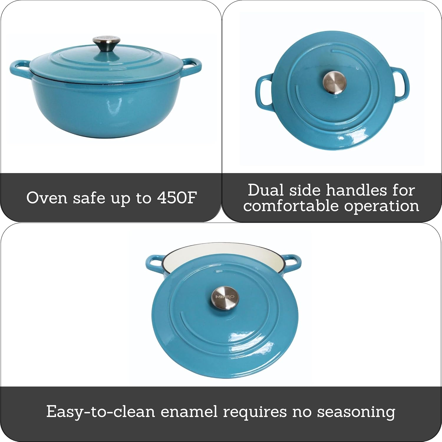 Mirro MIR-19063 4.8 Quart Cast Iron White Enamel Coated Interior Dutch Oven, Teal, Ready to Use image number 1