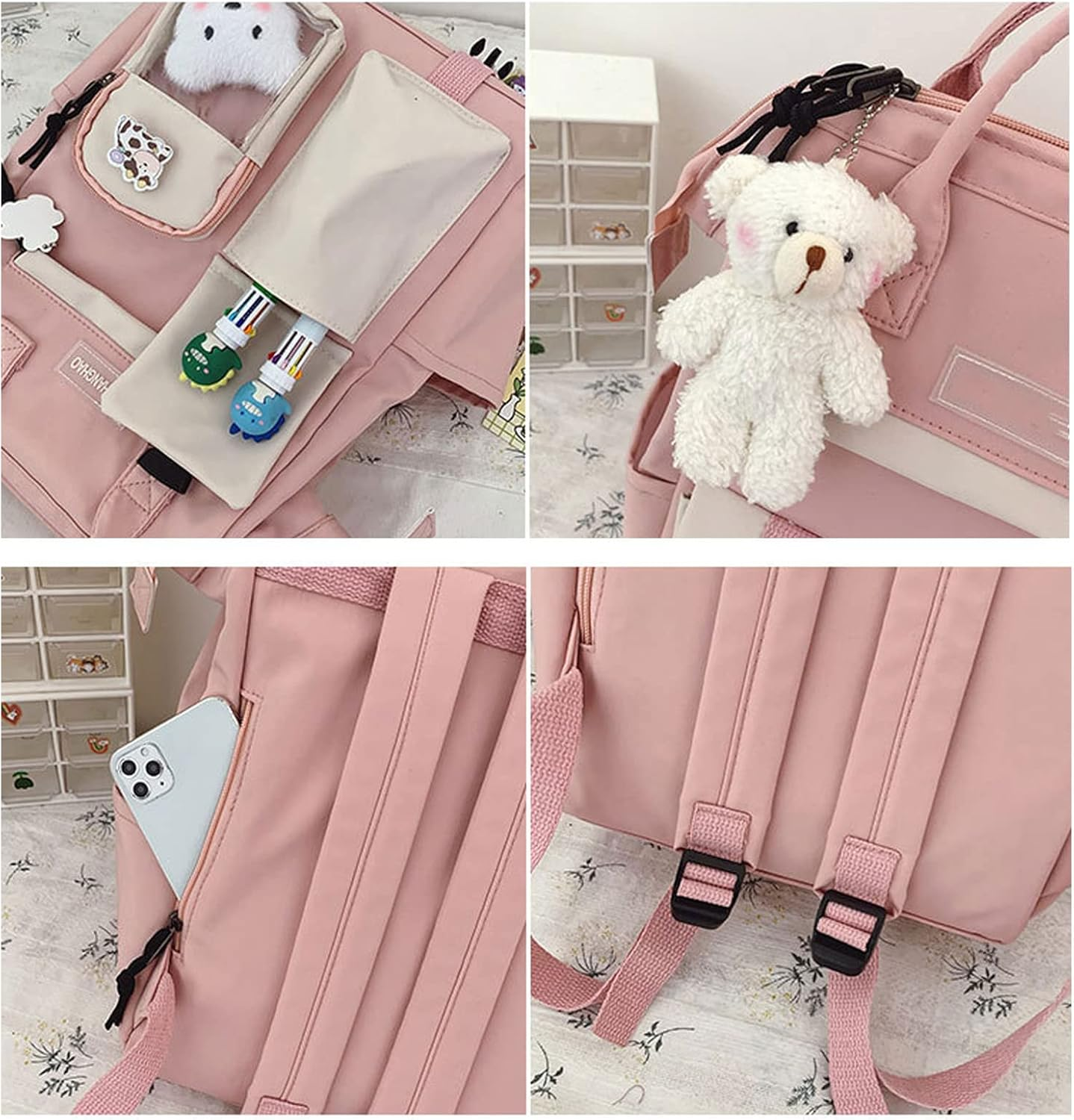 Eagerrich Cute Backpack with Cute Pin Accessories Plush Pendant for School Bag Student Girl Backpack - Black 1 image number 6