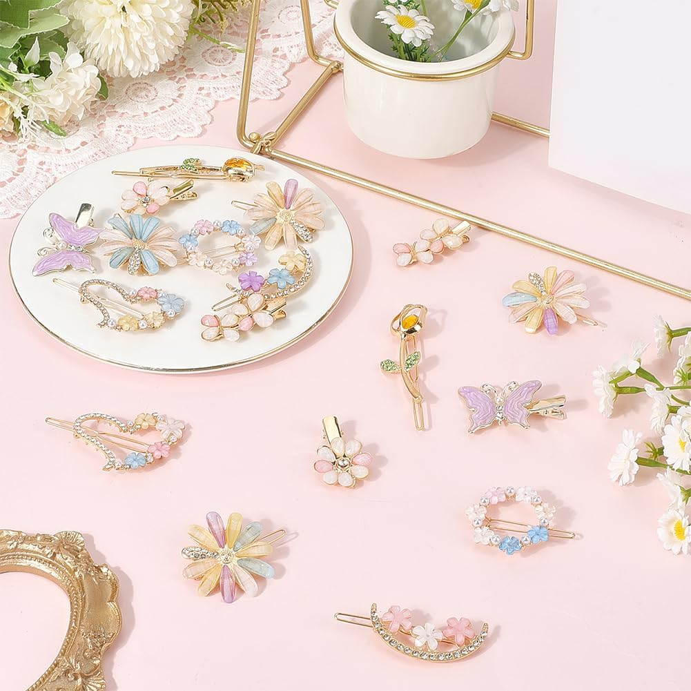 SUNNYCLUE 18Pcs Heart Shaped Hair Barrettes Rhinestone Alligator Hair Clips Colorful Resin Butterfly Flower Aesthetic Alloy Decorative Bobby Hairpins Accessories for Short Long Hairstyle DIY Decor image number 2