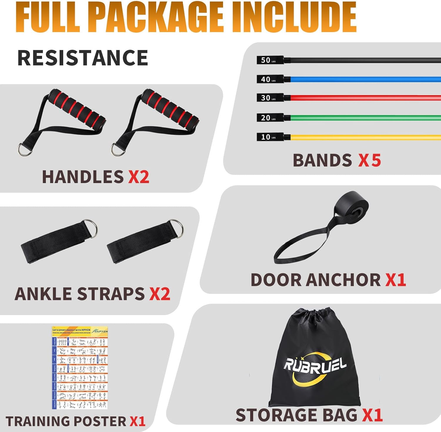 Rubruel Resistance Bands Set with Handles - 150 Lbs Heavy Duty Exercise Bands, Workout Bands for Home Gym, Strength Training, Yoga, Physical Therapy - Includes Door Anchor, Ankle Straps and Carry Bag image number 6