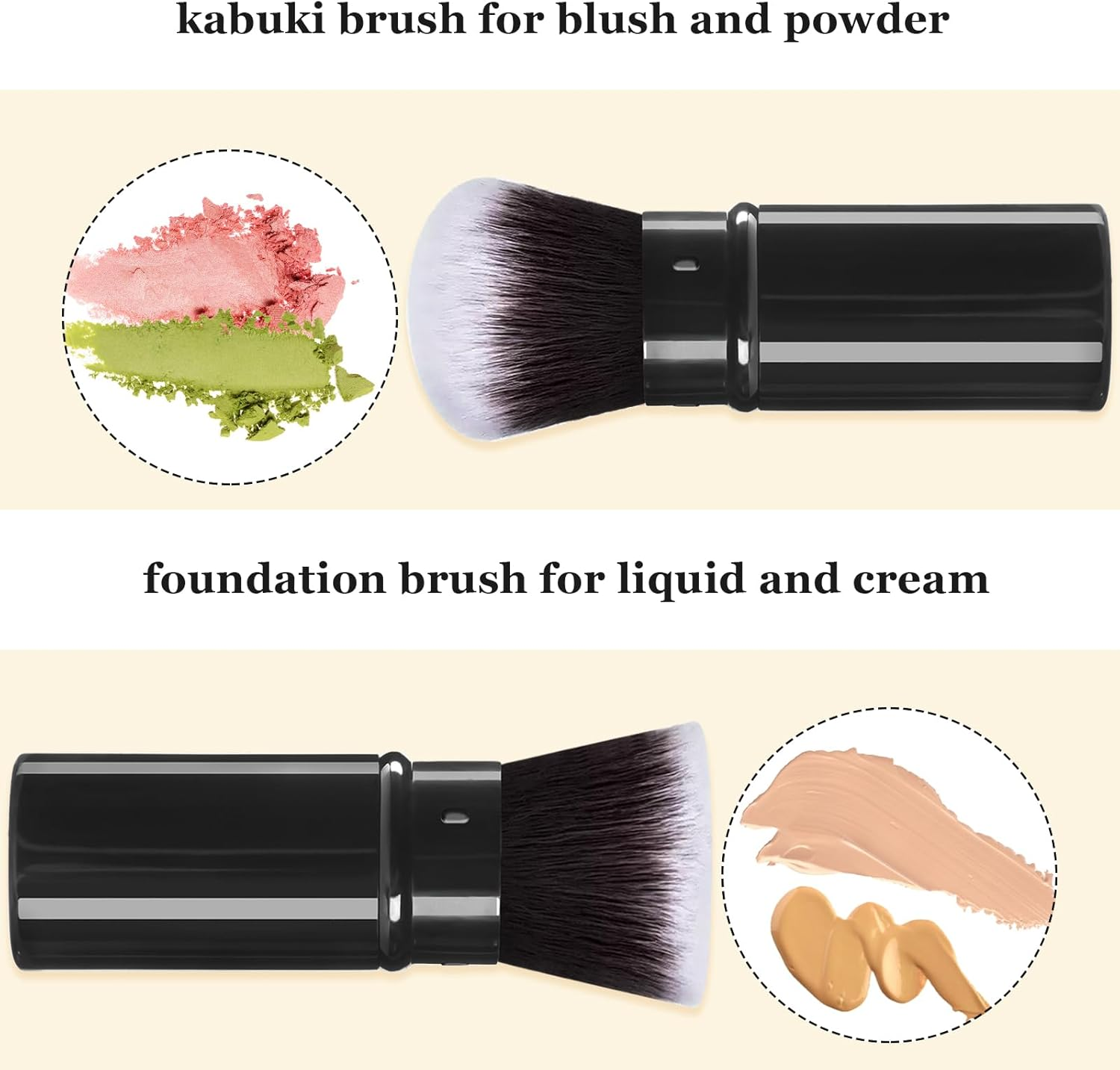 Keriloo Retractable Makeup Brush 2 Pack, Travel Kabuki Powder Foundation Makeup Brush Face Blush Brushes for Blending Liquid, Blush, Bronzer, Buffing, Sunscreen,Flawless Cosmetics image number 3