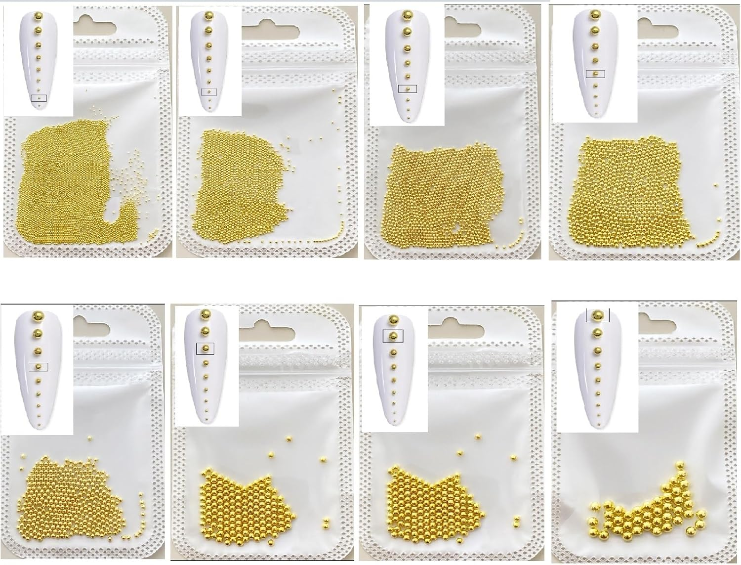 CYBERNOVA 8Packs 3D Nail Art Steel Balls Mini Beads Gold Silver Nail Charm 0.6Mm-3.0Mm Metal Steel Beads for Women DIY Nail Art Accessories with Tweezers (Gold)