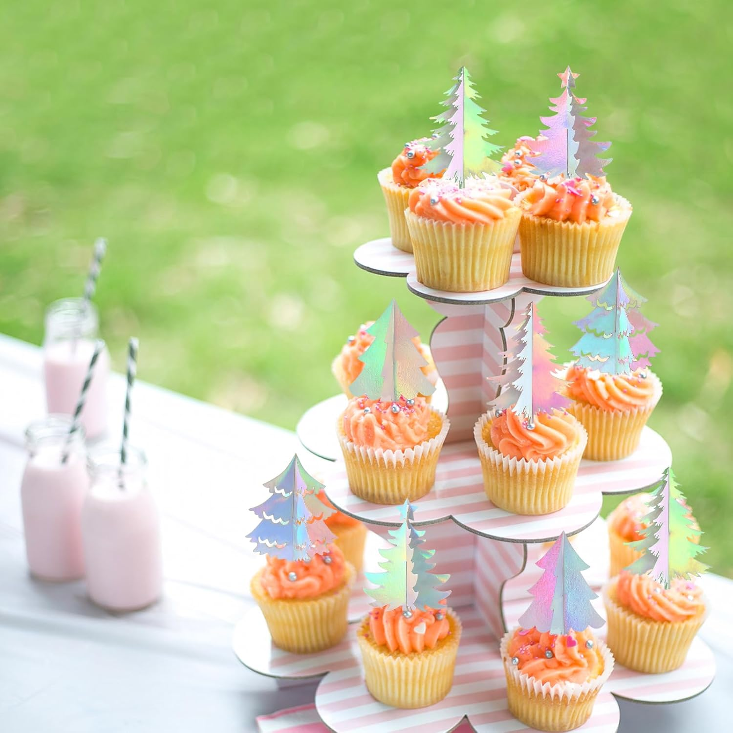 24 Pack 3D Tree for Woodland Theme Party Decoration Xmas Christmas Cupcake Picks Backdrop Tree Garland Decor for Birthday Party Baby Shower Christmas New Year Party Decorations Sliver image number 1