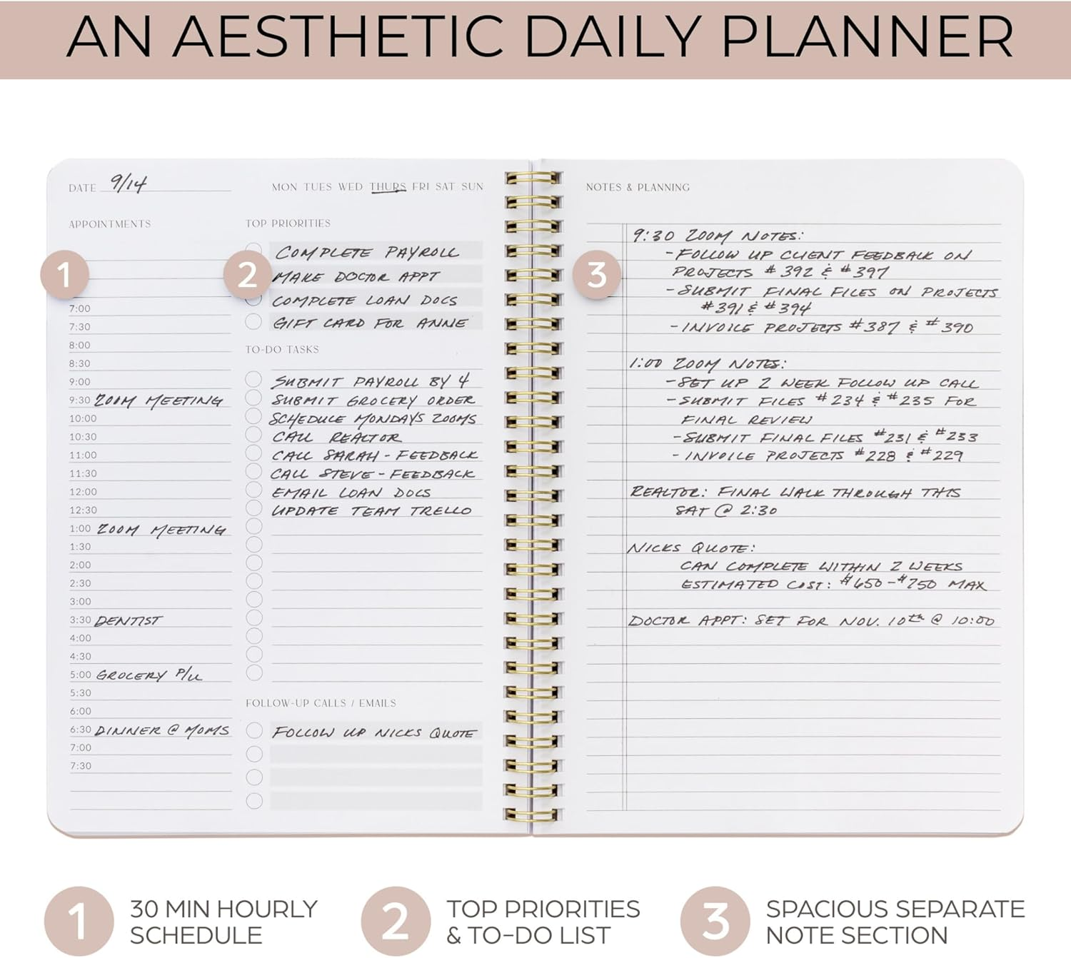Simplified Daily Planner and Notebook with Hourly Schedule - Aesthetic Spiral to Do List Notepad to Easily Organize Your Tasks and Appointments - Stylish Book and School or Office Supplies for Women image number 6