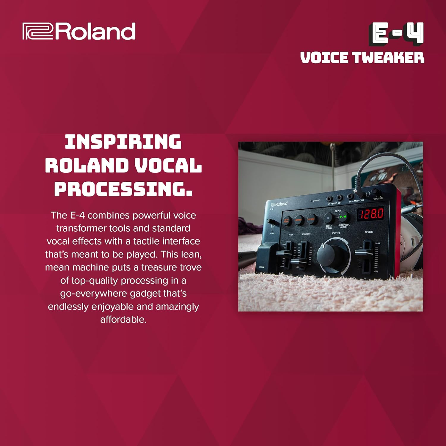 Roland AIRA Compact E-4 VOICE TWEAKER | Vocal Performance Tool with Powerful Voice Transformer Effects | Vocoder | Looper | Harmony | Auto Pitch | MIDI | for Singing & Vocal Artists, Black image number 3