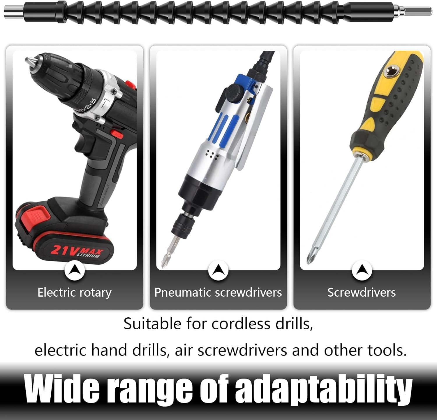 Flexible Drill Extension, 2-Piece Screwdriver Flex Shaft, 11.6-Inch Universal Drill Attachment for Electrical Cabinets and Furniture, Computer Chassis (Black) image number 3