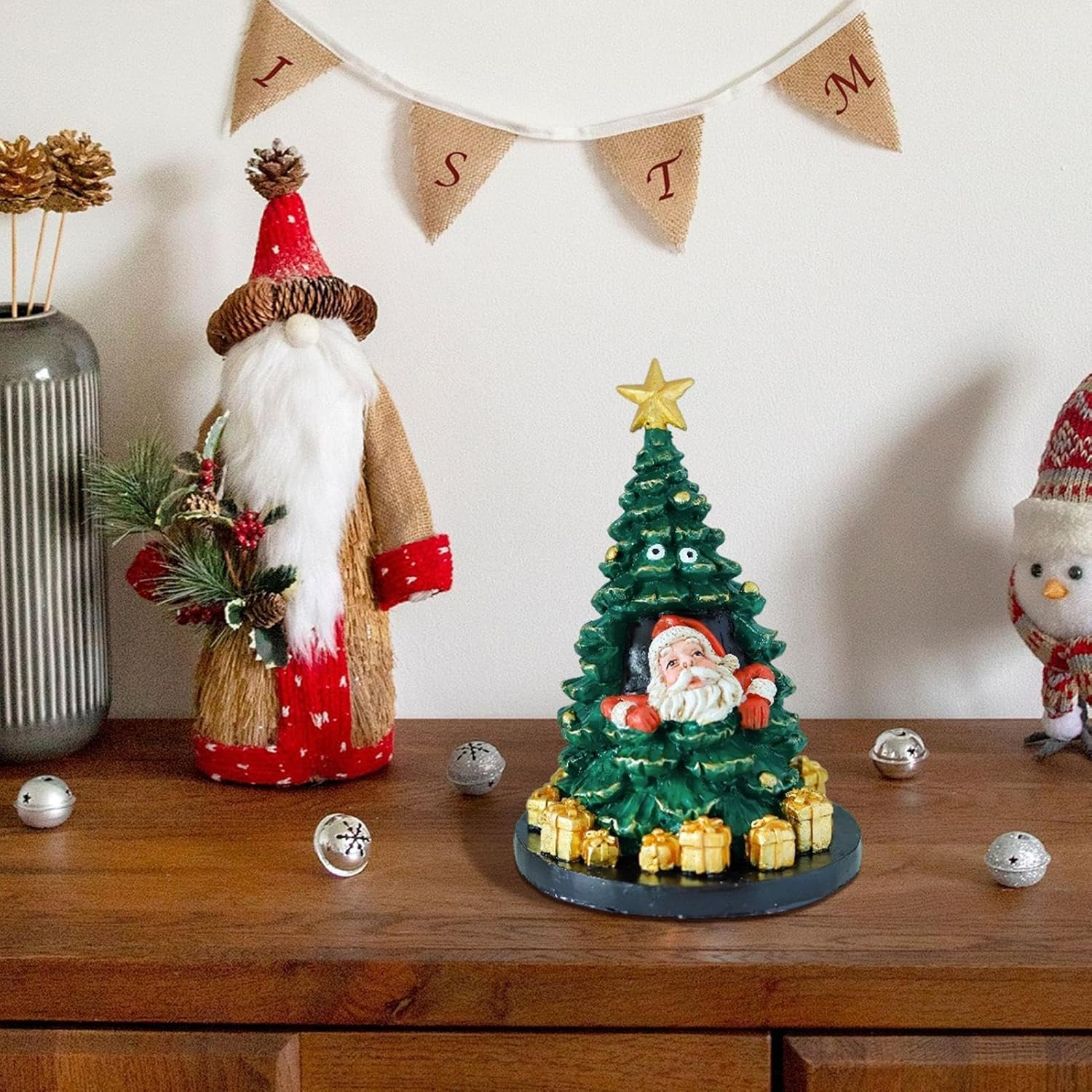 Resin Christmas Tree Figurine, Desk Christmas Tree Santa Decor, Miniature Christmas Resin Decorations, Small Christmas Tree and Santa Ornament for Tabletop image number 1