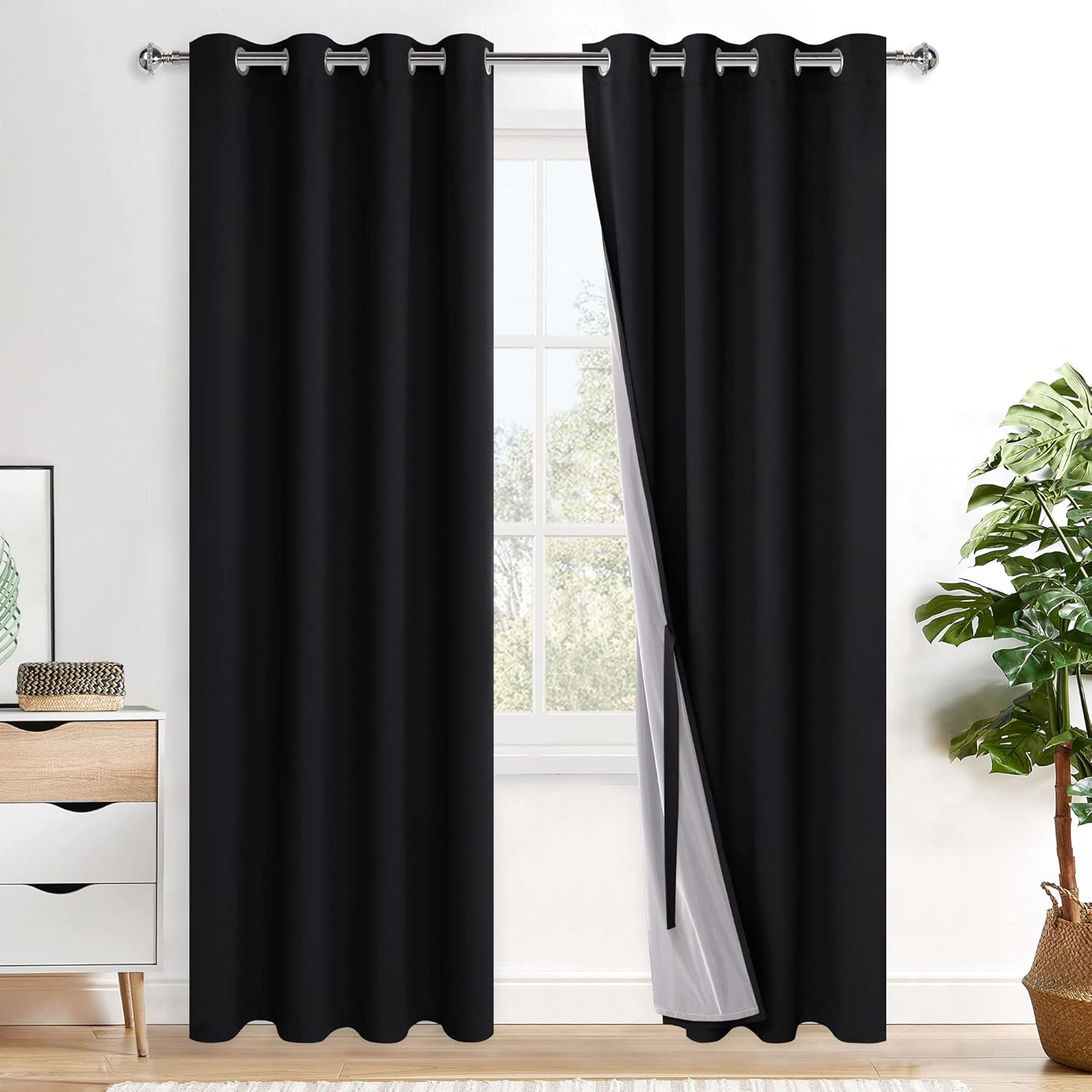 XWZO 100% Blackout Curtains for Bedroom/Living Room - Privacy Protection & Noise Blocking Window Drapes Grommet Top with Black Liner with Tiebacks, Biscotti Beige, W132Cm X D213Cm, Set of 2