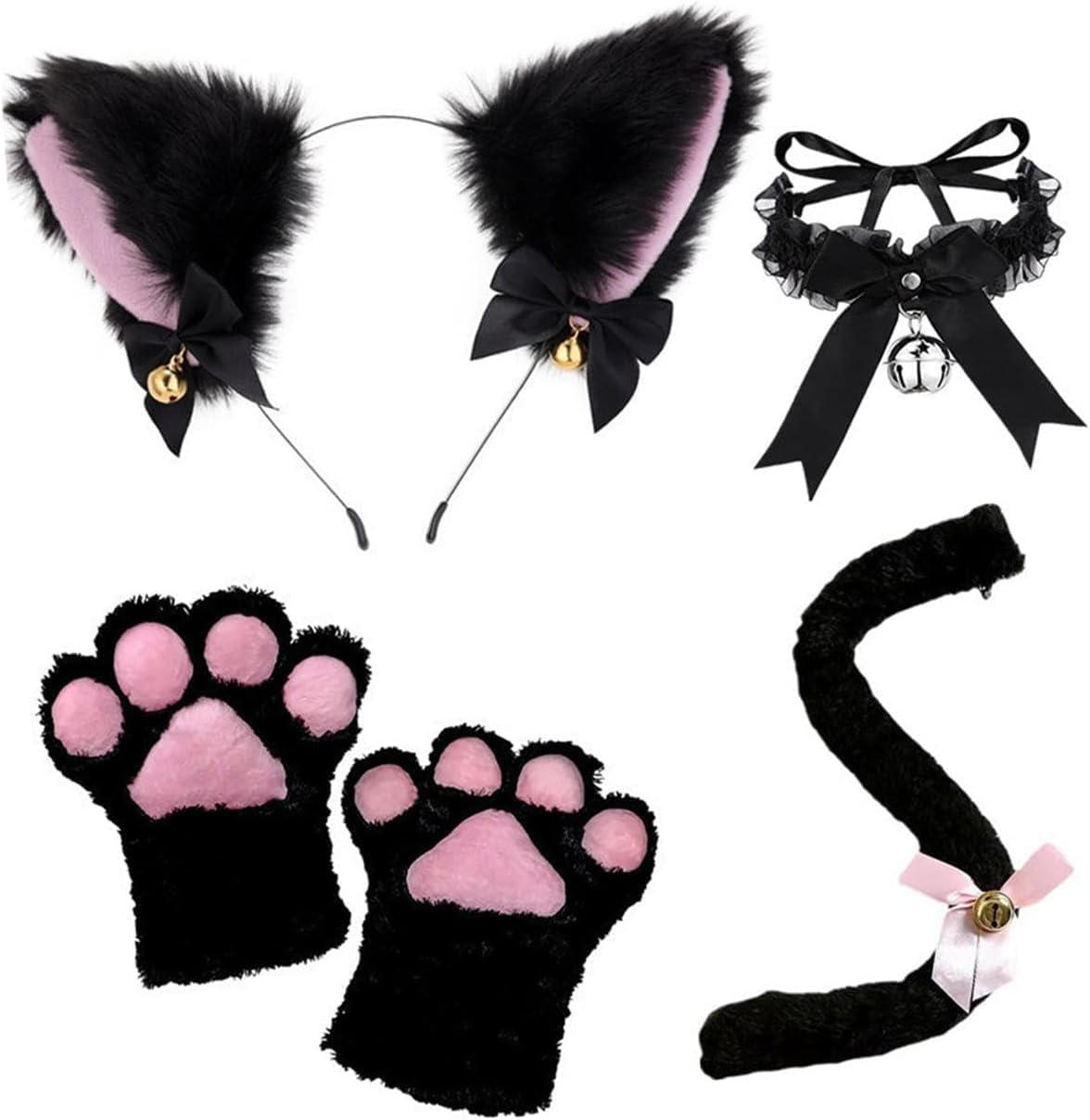 5 Pcs Cat Ears Paw and Tail Set,Furry Cat Ears Headband with Long Tail for Kids Adults Halloween Costume for Night Holiday Carnival(Black)