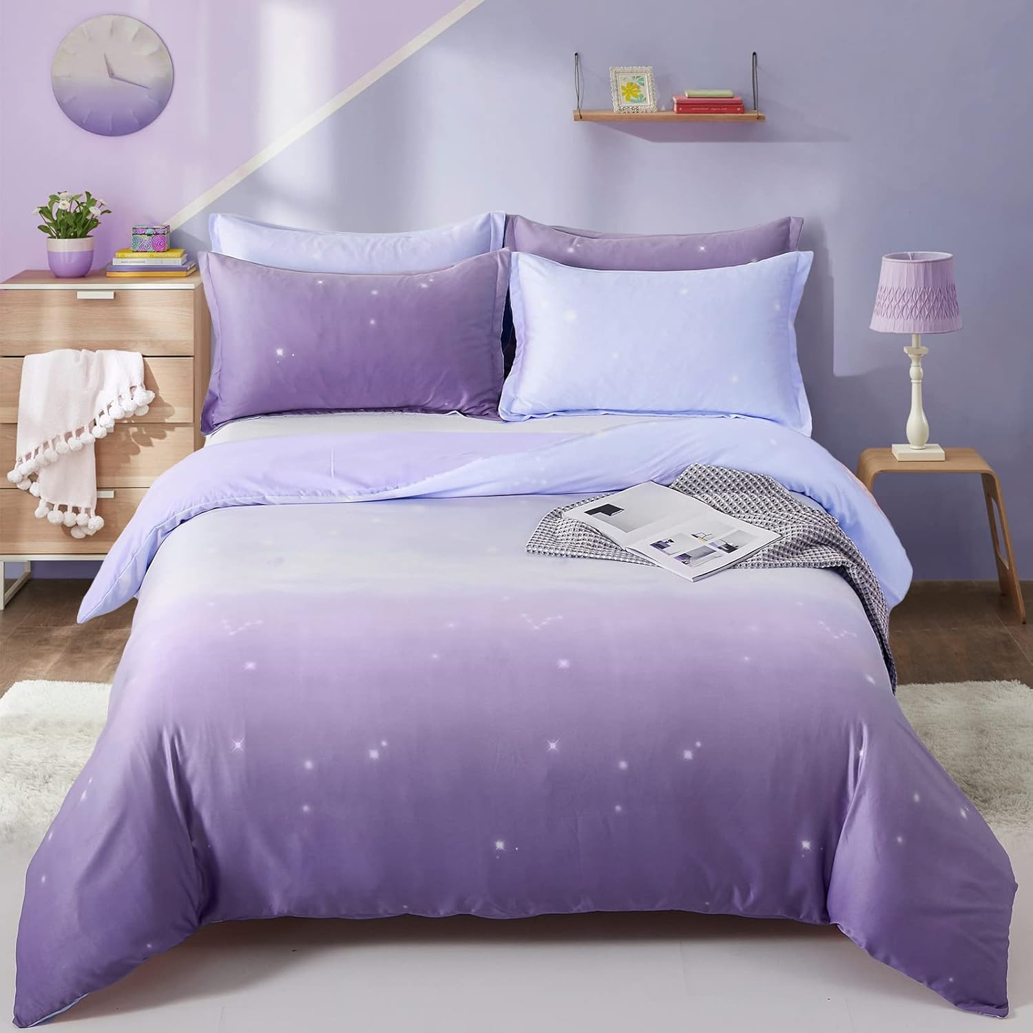 Purple Bedding Set Pink Gradient Duvet Cover Rainbow Quilt Cover Pillowcase with Zipper Closure for Kids Girls Teens Adults (Single Size 135X200Cm)