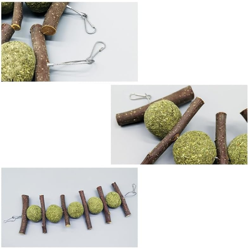 Bunny Chew Toy for Teeth Natural for Hay Treats Wood Sticks Grass Balls Cage for Rabbit Chinchilla Hamster Guinea