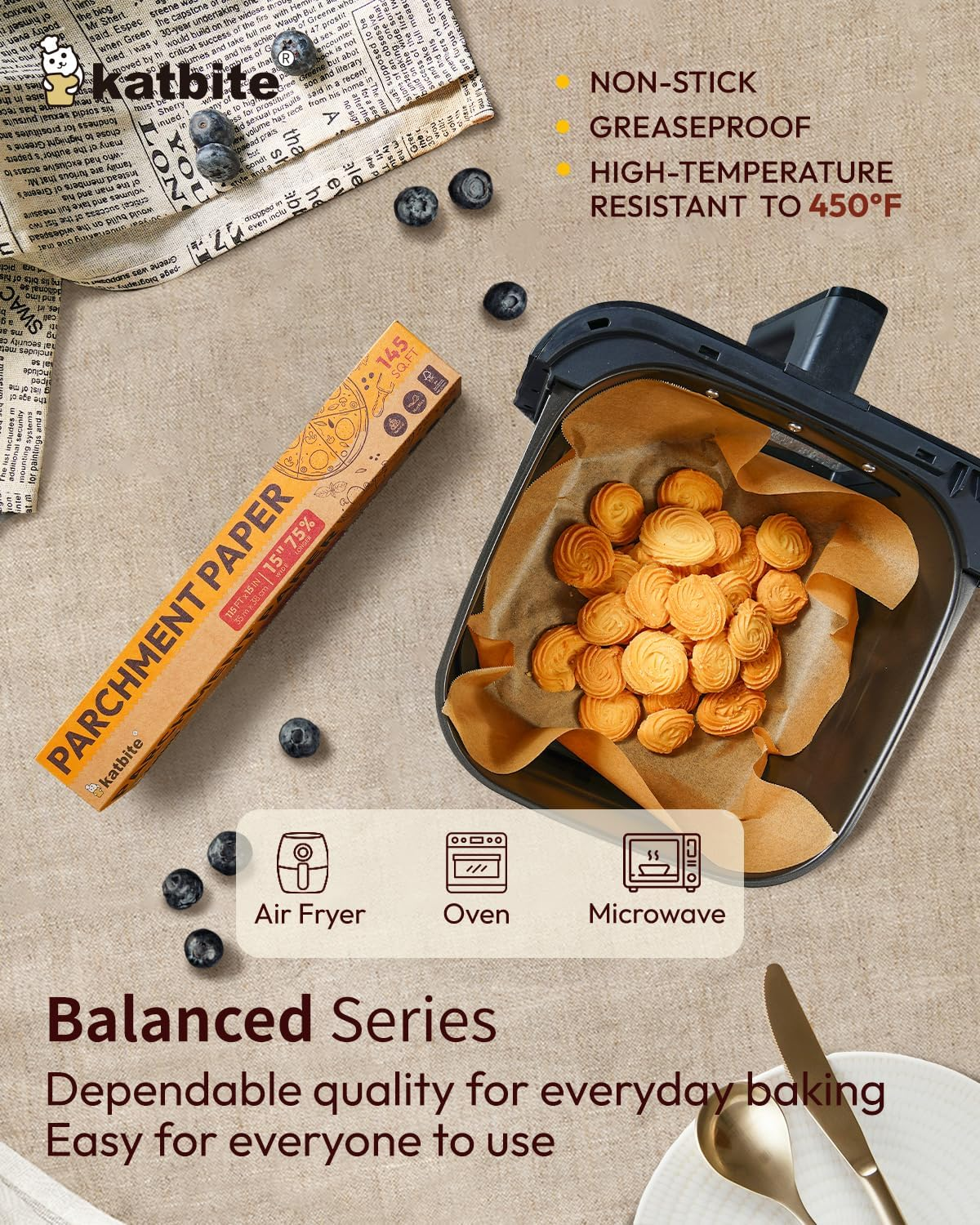 Katbite 15In X 115Ft, 145 Sq.Ft Parchment Paper Roll for Baking,Parchment Baking Paper with Serrated Cutter, Non-Stick Longer Unbleached Parchment Roll for Cooking, Air Fryer, Steaming, Bread