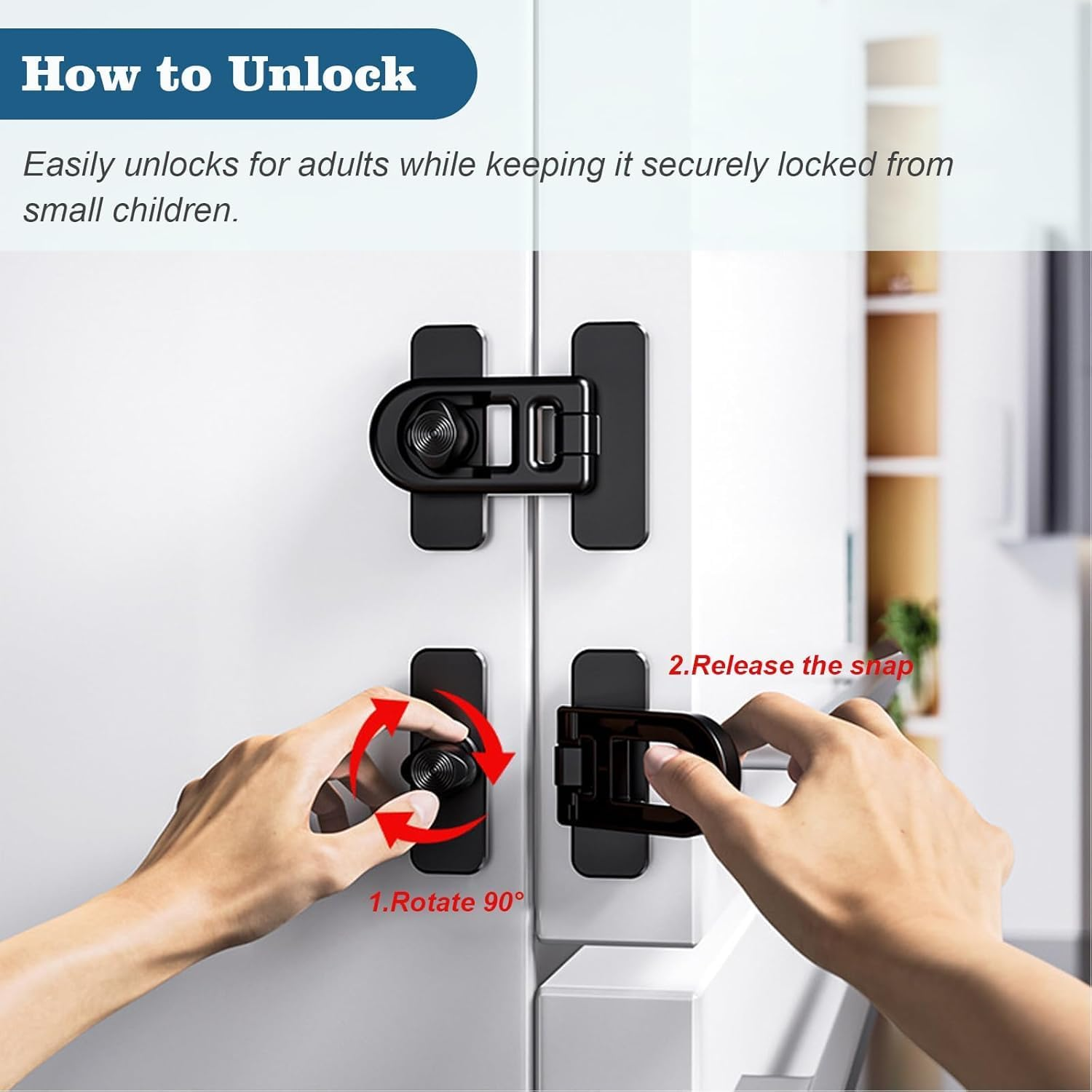 Childproof Refrigerator Door Lock-4 Pack Baby Safety Fridge Door Lock for Fridges Freezers and Cabinets, Cabinet Cupboard Lock for Toddlers,Easy to Install,No Tools Need or Drill(Black) image number 6