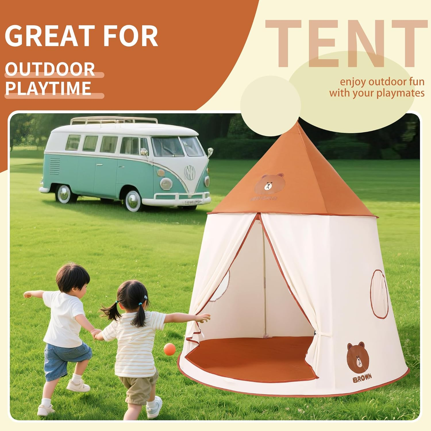 Kids Play Tent Pop-Up Indian Tent Tipi Baby Princess Prince Castle Play Tent Baby Garden Toys Indoor Outdoor Large Children Portable Playhouse Toddler Toys Christmas & Birthday Gift (Brown Bear) image number 6