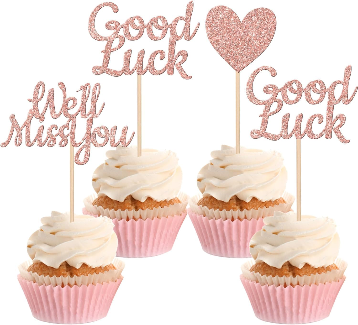 24 Pack We Will Miss You Cupcake Toppers Glitter Red Love Heart Good Luck Cupcake Picks Retirement Theme Going Away Party Cake Decorations (Rose Gold)