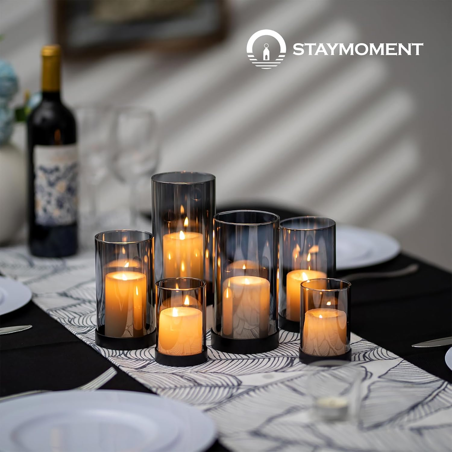 Glass Lanterns, Black: Set of 6 Lanterns, Outdoor Table Decoration, Glass Cylinder Candle Holder, Metal, Modern Decoration, Living Room, Bathroom, Patio, Lanterns, Outdoor and Indoor Tea