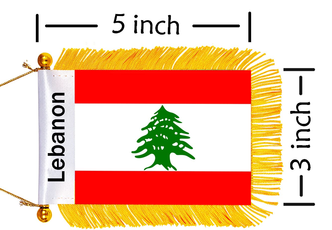 WXTWK 3 X 5 Inch Lebanon Flag Lebanese Window Hanging Flag Small Mini Car Flags Banners Rearview Mirror Decoration with Suction Cup Golden Fringy Banner